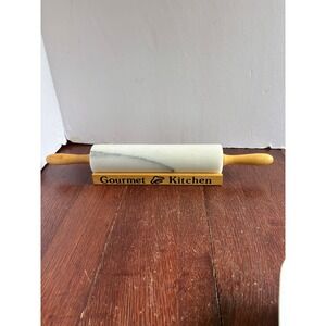 VTG Gourmet Kitchen White Marble Baking Rolling Pin Wooden Handles Cradle Stand